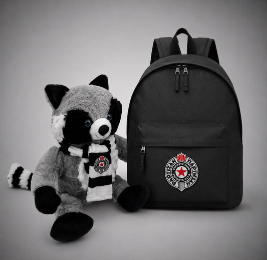Rakun Bleki sa crno-belim šalom i crni Partizan Esports ranac